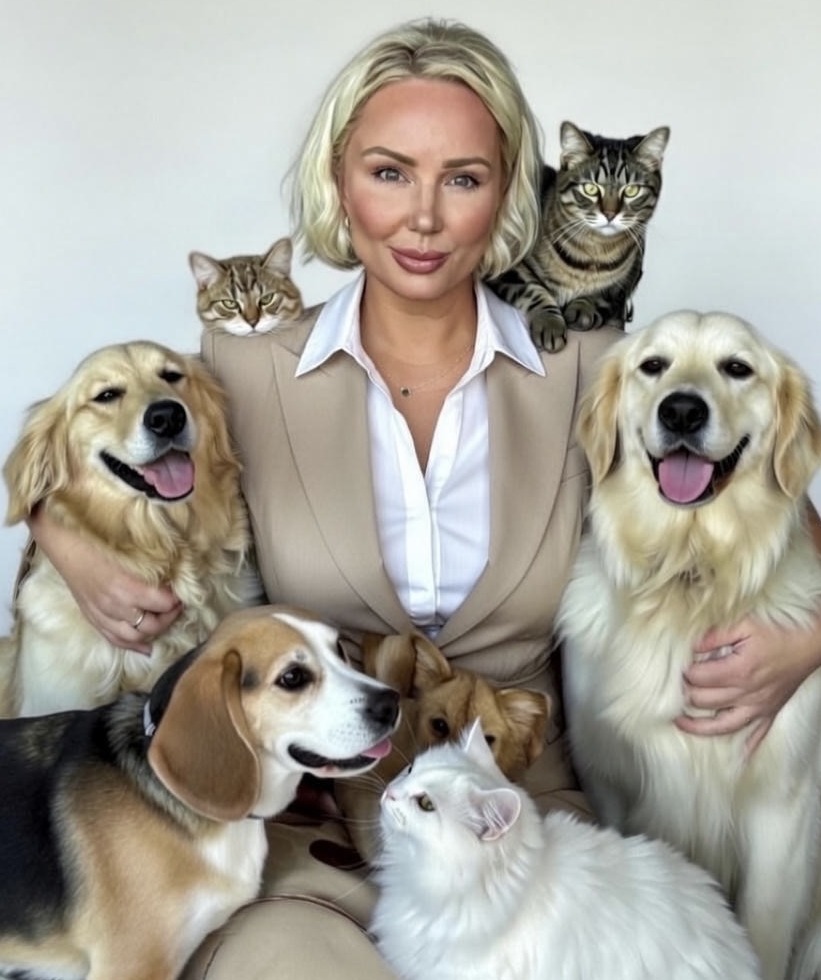 Jessica with the dogs and cats she cares for